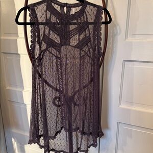 Free People Sheer Lace Panel Tunic Blouse | Boho Romantic High Low Top M